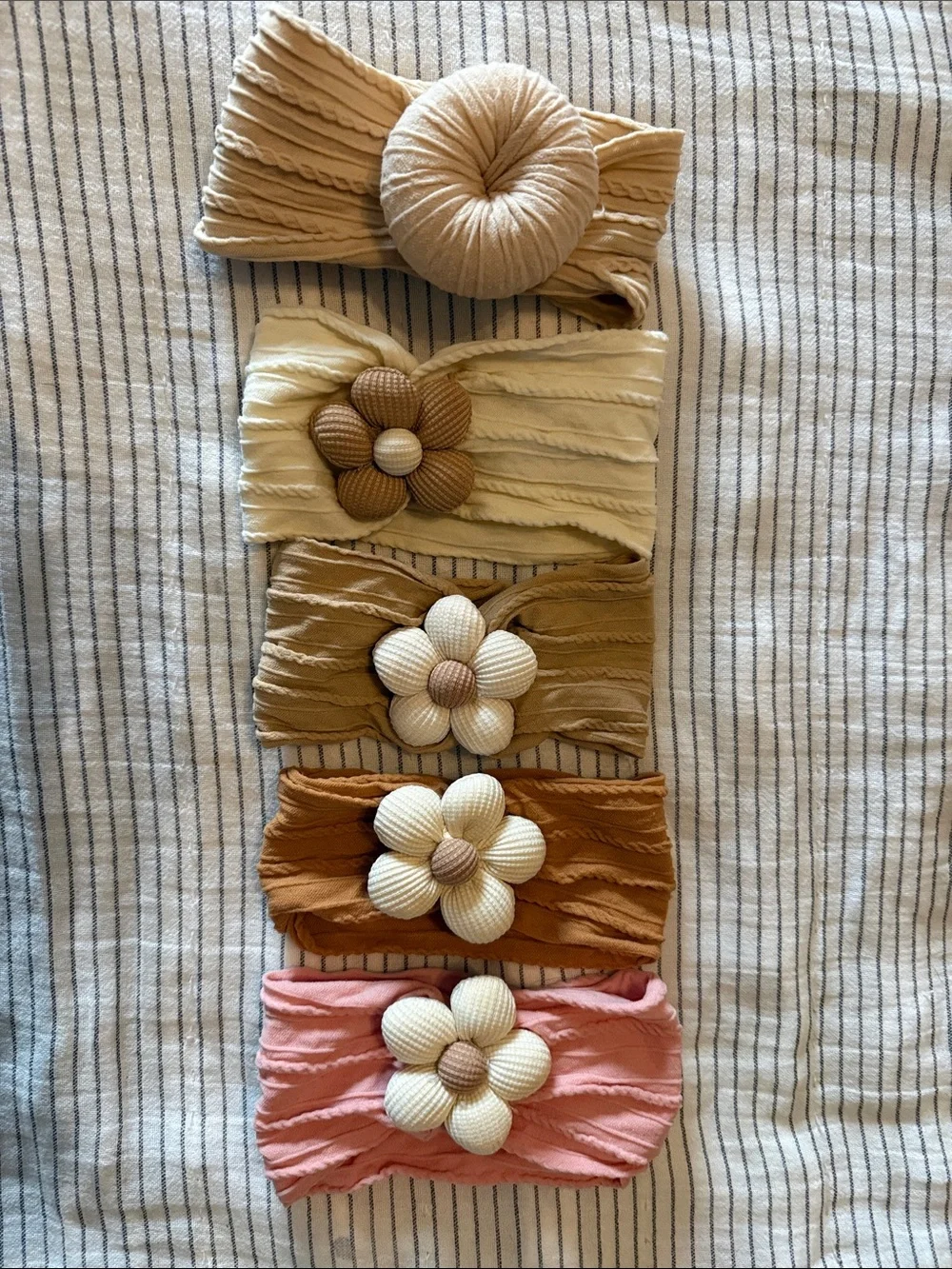 Neutral and Pink Flower Knit Baby Headbands - Set of 5